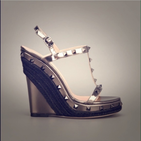 Valentino Garavani Shoes - Valentino Metallic Studded Sandal Wedge SOLD
